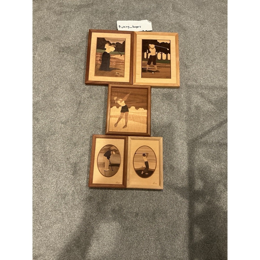 5 VTG Hudson River Inlay wood marquetry golf scenes signed by artist Jeff Nelson